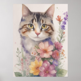 Póster Gato Floral Acuarela Lindo