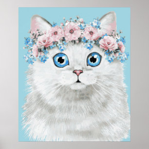 Póster Gato floral blanco dulce