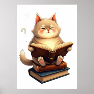 Póster Gato Flotando en el Espacio Leyendo Libro Constela