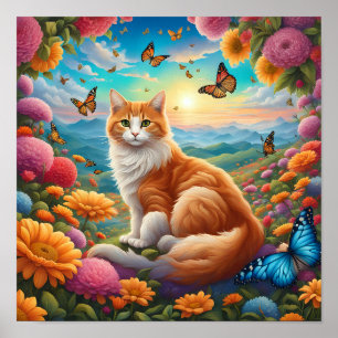 Póster Gato fluido sentado en un campo de flores