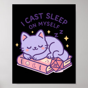 Póster Gato friki jugador de Rpg durmiendo dados D20 para