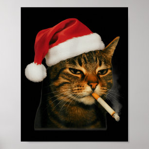 Póster Gato fumando Cigarrillo Navidad Sombrero Santa Gat