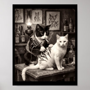Póster Gato fumando tatuaje vintage gatito con tinta arti