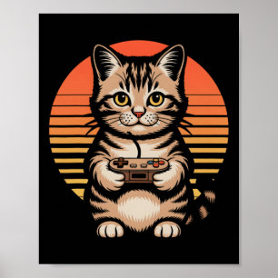 Póster Gato Gamer Atardecer Retro Kit De Mandos Gatito Ju