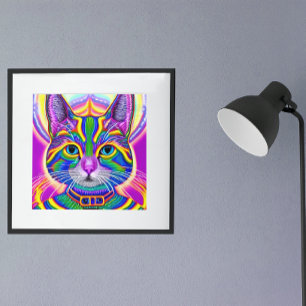 Póster Gato gatito místico único verde y azul