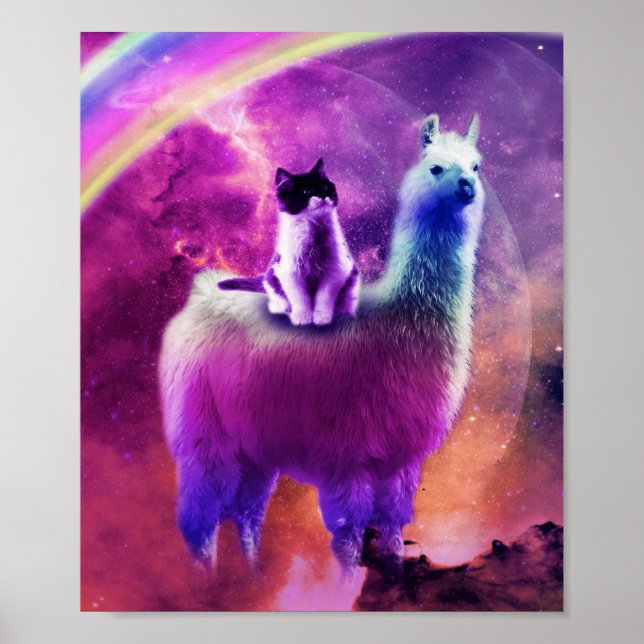 Póster Gato Gatito Montando En Llama Arcoiris En El Espac (Frente)