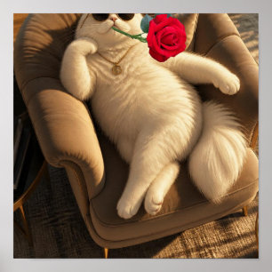 Póster Gato genial con gafas de sol y cartel de rosa roja