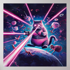 Póster Gato gigante gracioso y dinosaurios en el espacio