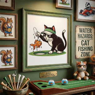 Póster Gato Golfista Divertido Pescando en Obstáculo de A