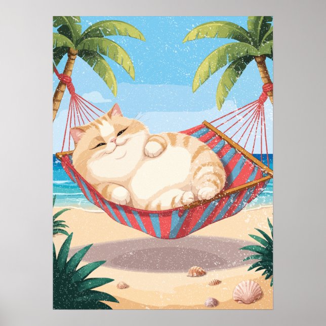 Póster Gato gordo relajado en una hamaca colorida (Frente)