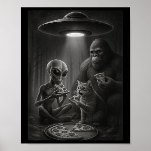 Póster Gato Gracioso Con Alienígenas Y Pizza De Comer De