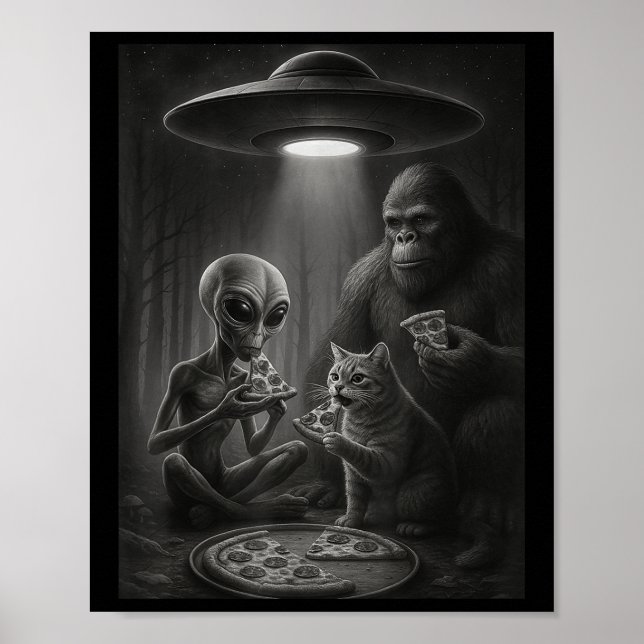 Póster Gato Gracioso Con Alienígenas Y Pizza De Comer De  (Frente)