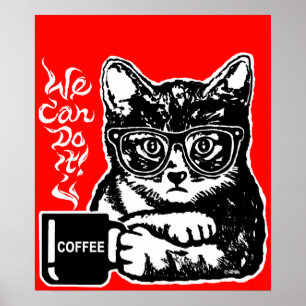 Póster Gato gracioso motivado por el café
