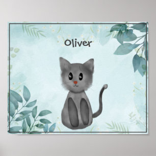 Póster Gato gris adorable en el Poster forestal para niño