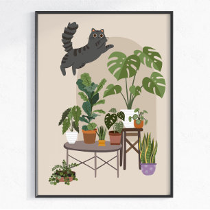 Póster Gato Gris Atigrado Travieso & Jungla de Monstera