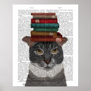 Póster Gato gris con libros en la cabeza