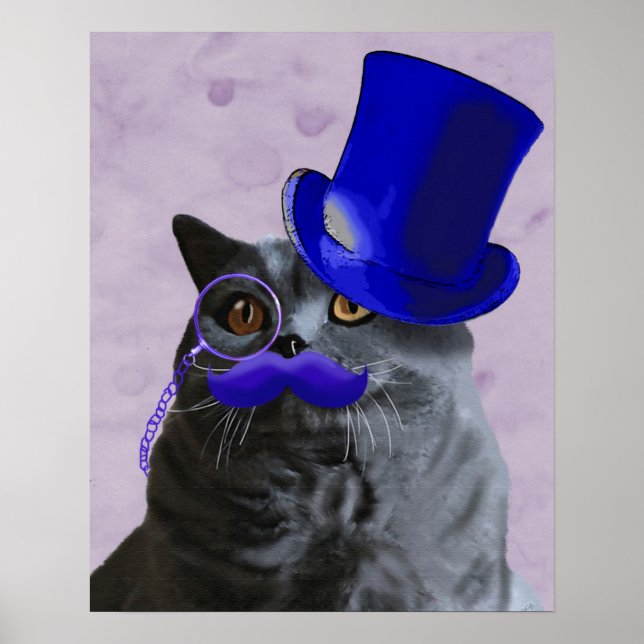 Póster Gato gris con sombrero azul superior y bigote (Frente)