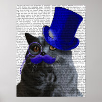 Gato gris con sombrero azul superior y bigote azul