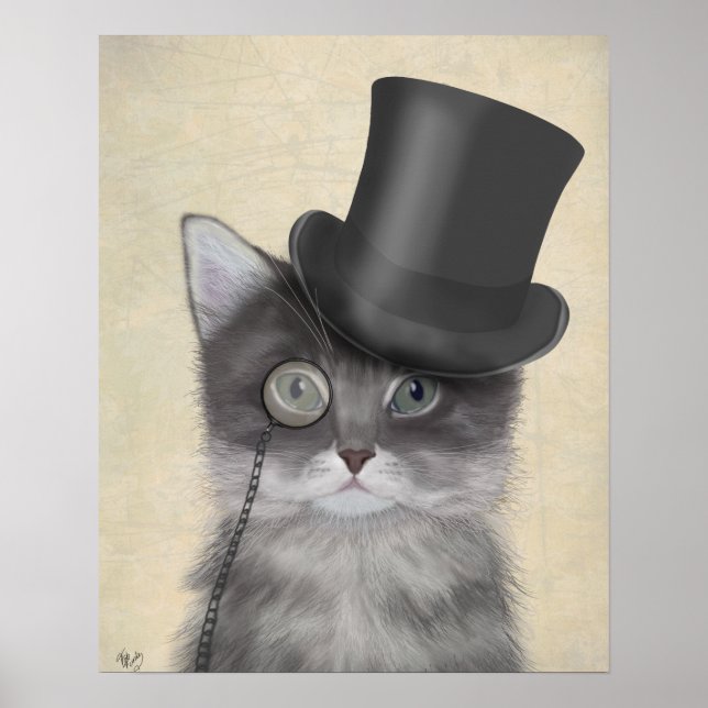 Póster Gato gris con sombrero superior (Frente)