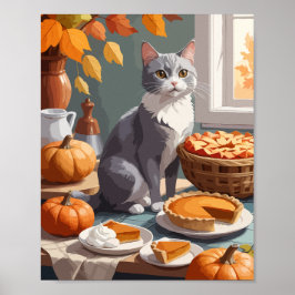 Póster Gato gris con tarta de calabaza
