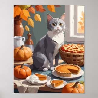 Póster Gato gris con tarta de calabaza
