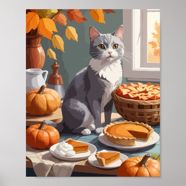 Póster Gato gris con tarta de calabaza (Frente)
