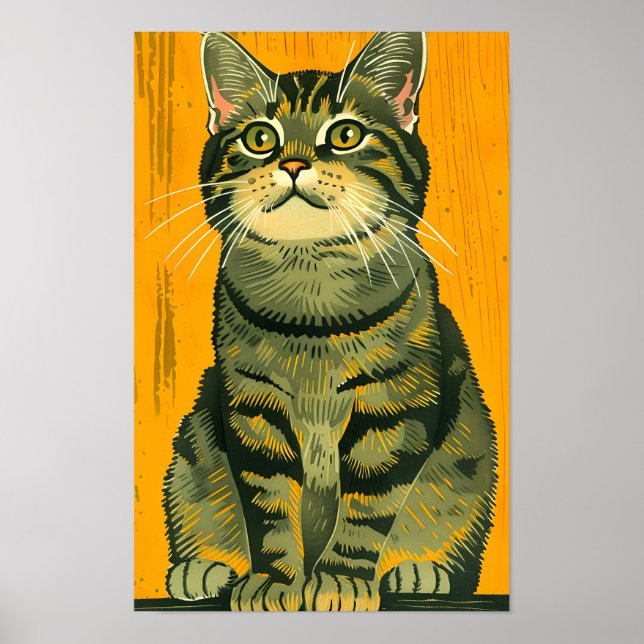 Póster Gato Gris de Rayas Minimalista (Frente)