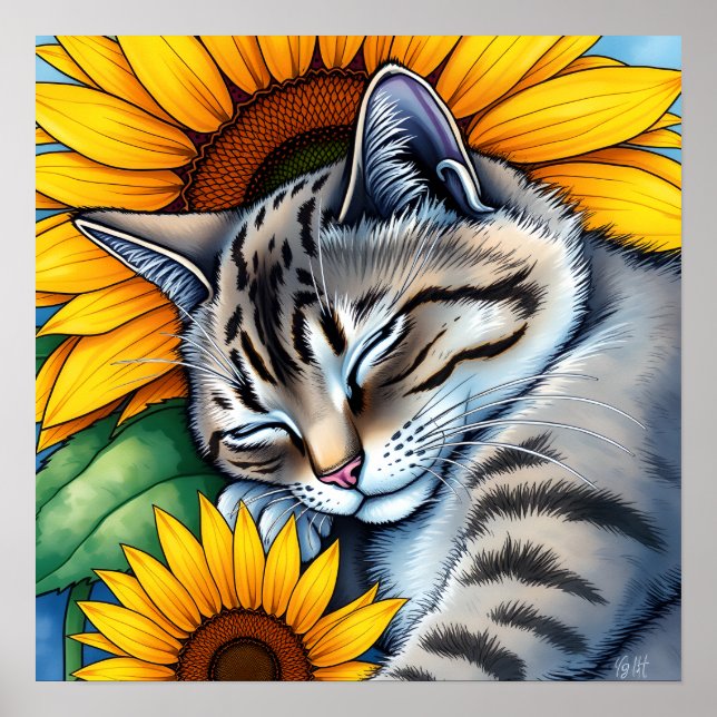 Póster Gato Gris Dulce Dormido y Girasol (Frente)