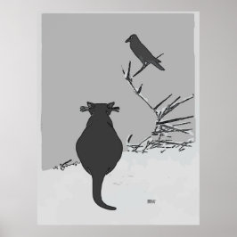 Póster Gato gris en yard con pájaro