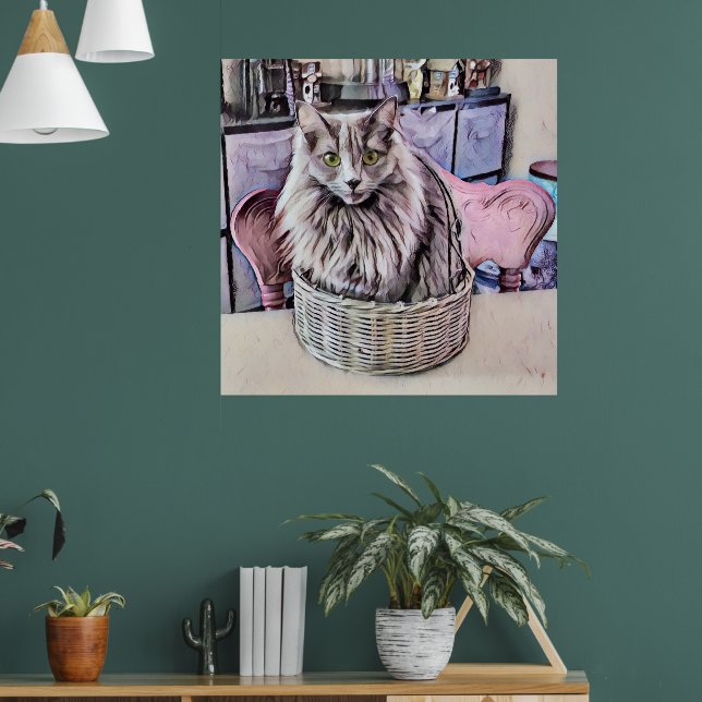 Póster Gato Gris Ojo Verde En Poster De Cesta (Salón 1)