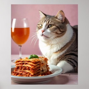 Póster Gato gris puro con lasagna y vidrio de vino