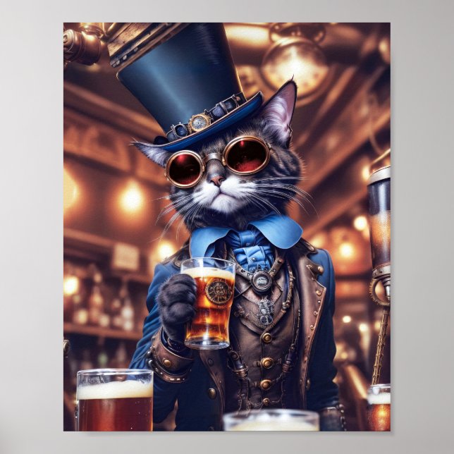 Póster Gato gris steampunk con sombrero de copa, gafas, c (Frente)