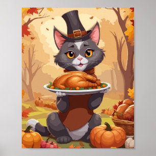 Póster Gato gris sujetando el pavo de acción de gracias