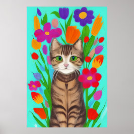 Póster Gato grisáceo lindo con flores coloridas