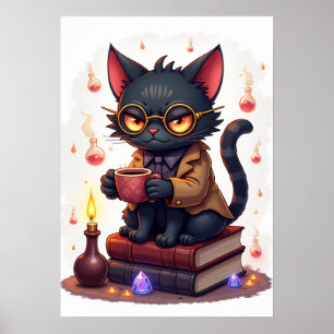 Póster Gato Gruñón Dark Academia Lector Libromante Gótico