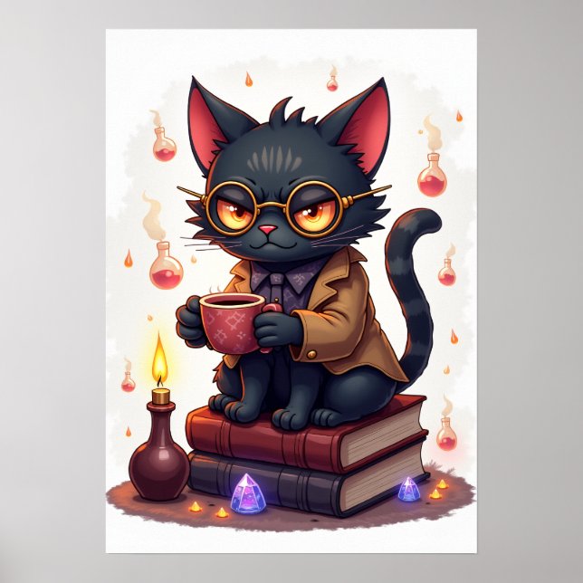 Póster Gato Gruñón Dark Academia Lector Libromante Gótico (Frente)
