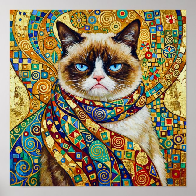 Póster Gato gruñón de ojos azules al estilo Gustav Klimt (Frente)