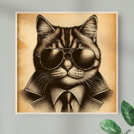 Póster Gato Guay retro en gafas de sol aviador, Sepia