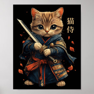Póster Gato guerrero japonés gato samurai tattoo Kawaii N