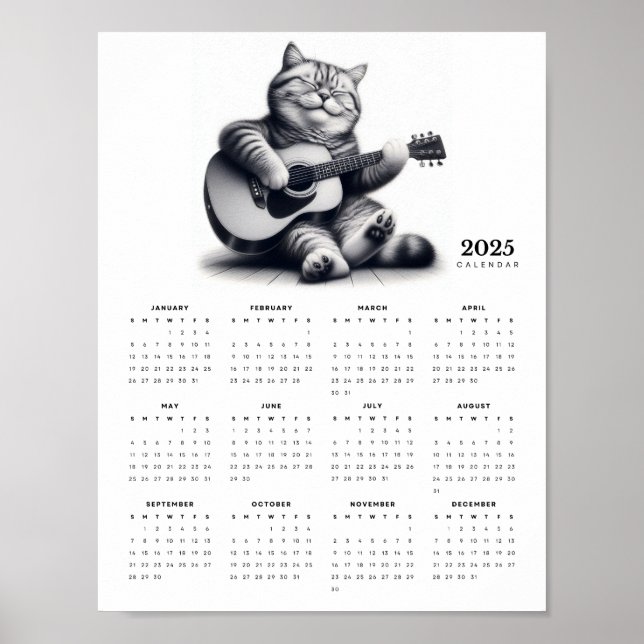 Póster Gato Guitarista Calendario 2025 Fino musical (Frente)