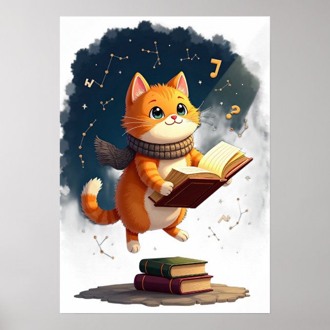 Póster Gato Gusano de Libro Cósmico Leyendo en el Espacio (Frente)