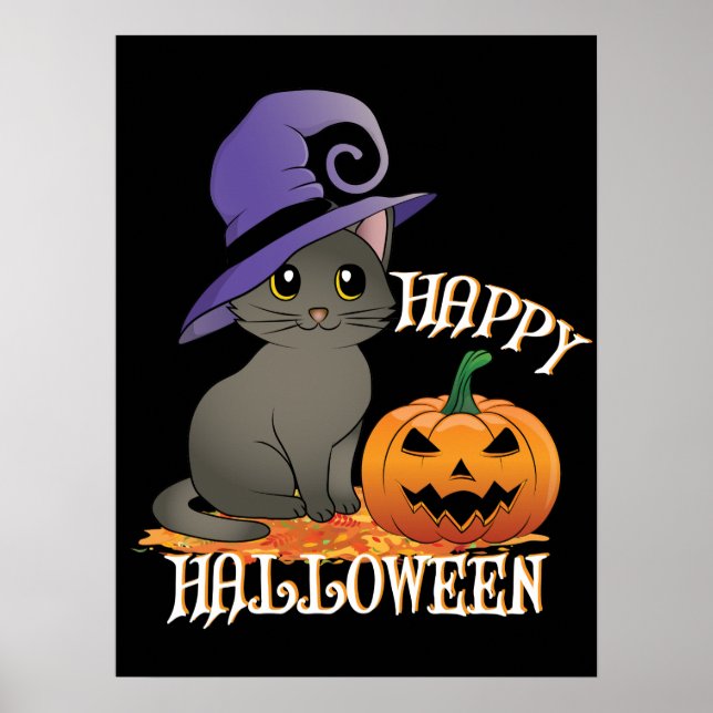 Póster Gato Halloween Happpy con Calabaza (Frente)