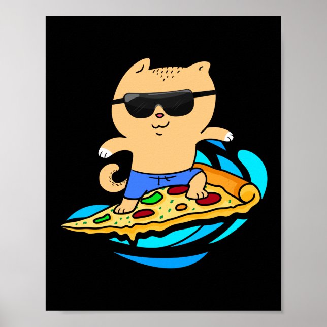 Póster Gato Hawaiano Surfiendo En Pizza Slice (Frente)