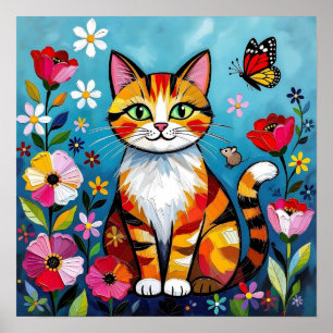 Póster Gato Impasto, Flores y Mariposa