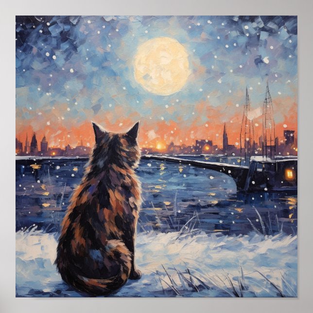 Póster Gato impresionista pasa por alto el agua en invier (Frente)