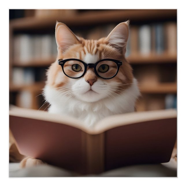 Póster Gato inteligente leyendo un libro (Anverso)