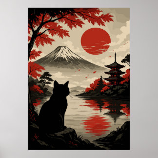 Póster Gato japonés de atardecer con Monte Fuji y Pagoda