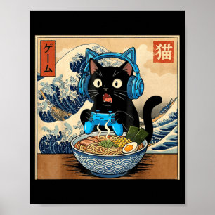 Póster Gato japonés divertido de ramen jugador kawaii lin
