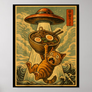 Póster Gato japonés divertido Ramen Ovni Anime Hombres Mu