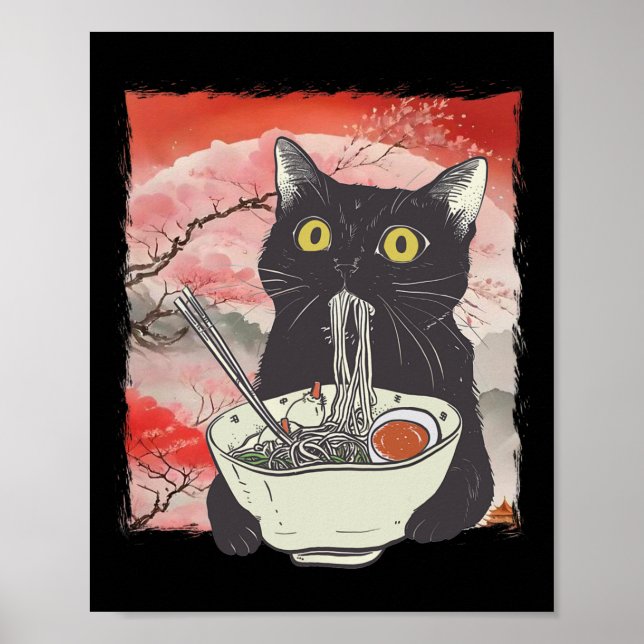 Póster Gato japonés retro comiendo fideos divertidos de R (Frente)